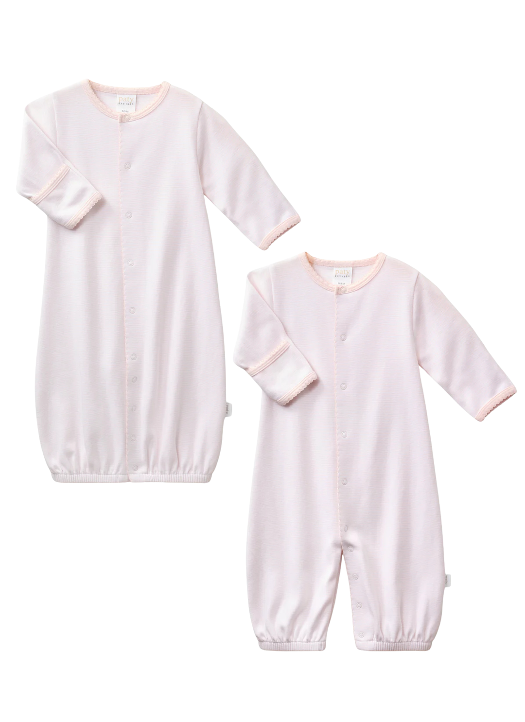 This versatile style conveniently converts from a gown to a romper as baby grows. Designed with a gentle elasticized hem for easy diaper changes, it offers everyday comfort and effortless functionality. Built in fold-over cuffs help protect delicate skin from scratches, making it a thoughtful take home outfit or cherished baby shower gift.