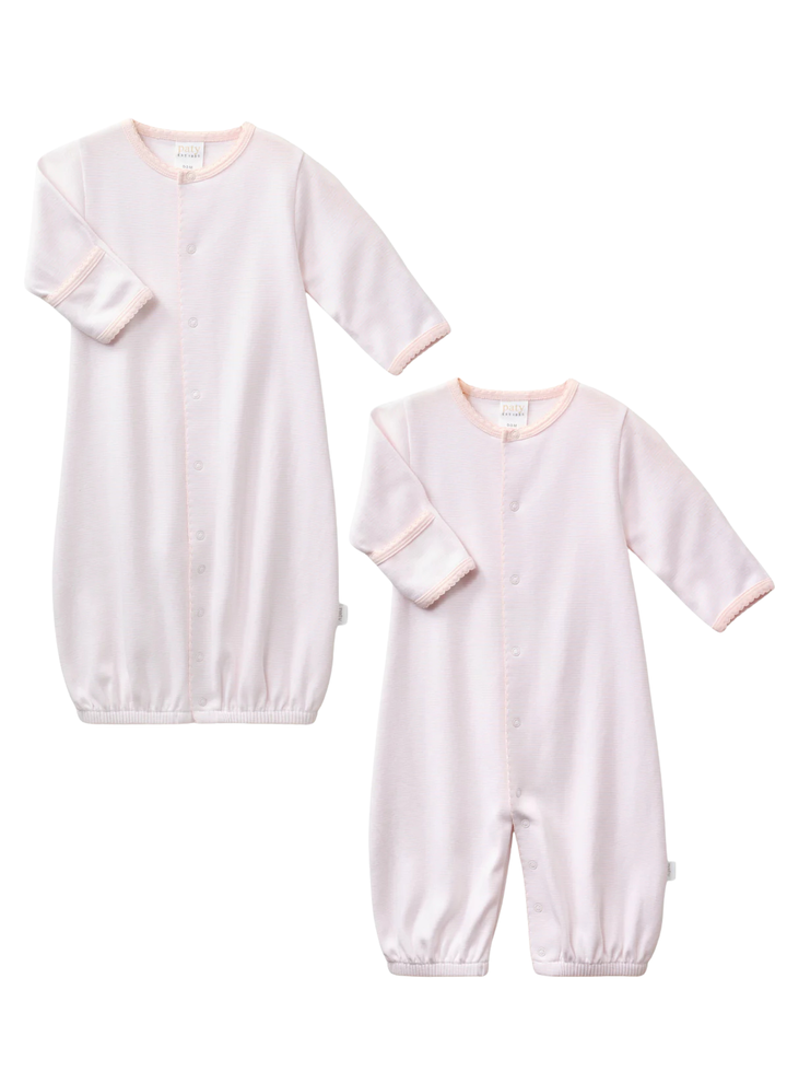 This versatile style conveniently converts from a gown to a romper as baby grows. Designed with a gentle elasticized hem for easy diaper changes, it offers everyday comfort and effortless functionality. Built in fold-over cuffs help protect delicate skin from scratches, making it a thoughtful take home outfit or cherished baby shower gift.