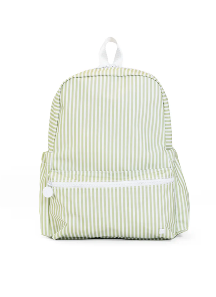 Green and white striped backpack on a white background