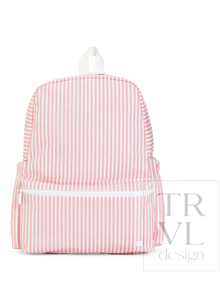 Pink and white striped backpack on a white background with &
