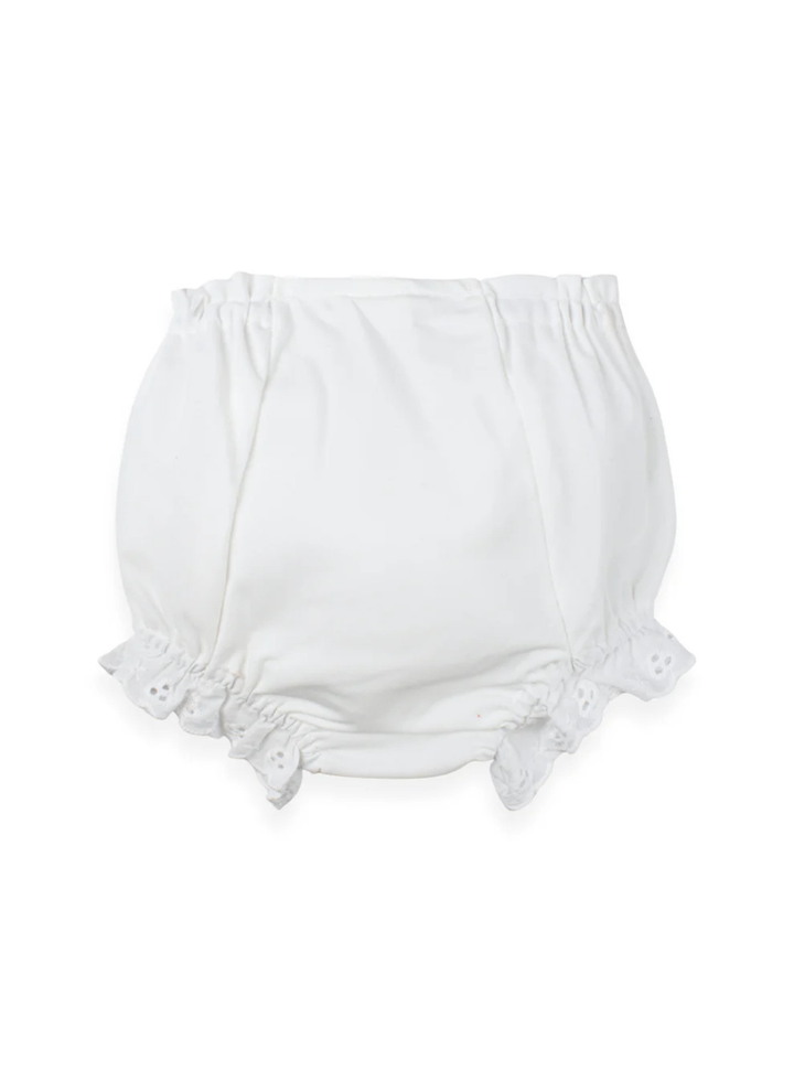 classic white cotton baby diaper cover made from soft 100% cotton batiste, a lightweight and breathable fabric perfect for infants. Designed with a comfortable elastic waist and delicate eyelet ruffle trim, these timeless baby bloomers are perfect for layering under dresses or gowns and are ideal for monogramming. Ask us about monogramming for the perfect baby gift!