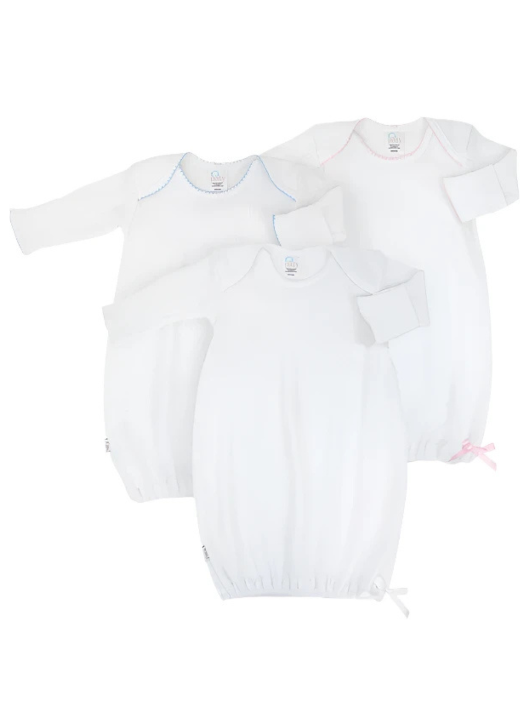 This classic layette piece includes a convenient elasticized hem for easy diaper changes, an overlap shoulder design ensuring gentle dressing and a cozy fit, with built in fold over cuffs at the hands help to protect delicate skin from scratches. It&