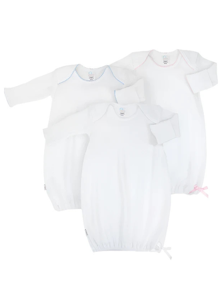 This classic layette piece includes a convenient elasticized hem for easy diaper changes, an overlap shoulder design ensuring gentle dressing and a cozy fit, with built in fold over cuffs at the hands help to protect delicate skin from scratches. It&