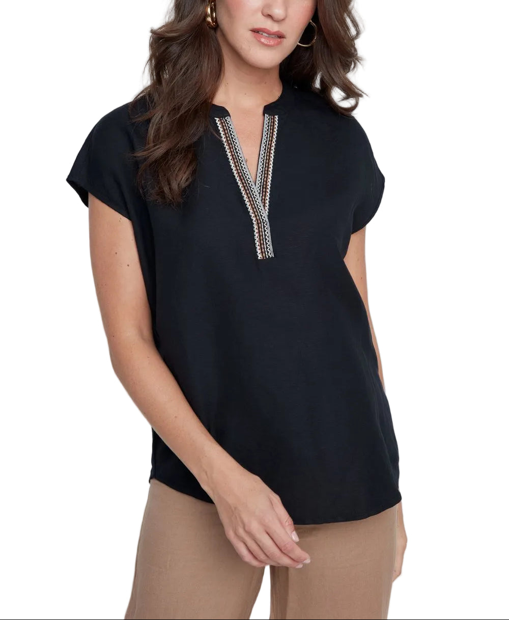 The Margie V-Neck Top features a flattering v-neckline and short sleeves for effortless everyday wear. This versatile piece layers beautifully or stands alone as a wardrobe staple. Perfect for creating polished looks that transition seamlessly from day to night. Soft, comfortable fabric moves with you throughout your day.