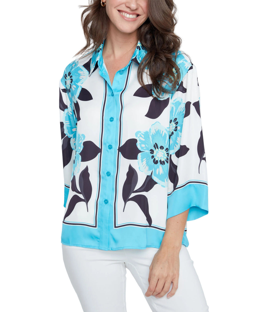 Dive into effortless style with the Kasey Blouse, a charming v-neck top that brings floral flair to your everyday rotation. The ocean combo print adds a refreshing pop of color, while the flattering 3/4 sleeves strike the perfect balance between coverage and breathability. Whether you're dressing up for brunch or keeping it casual, this versatile blouse pairs beautifully with everything in your closet. A wardrobe essential that feels as good as it looks.