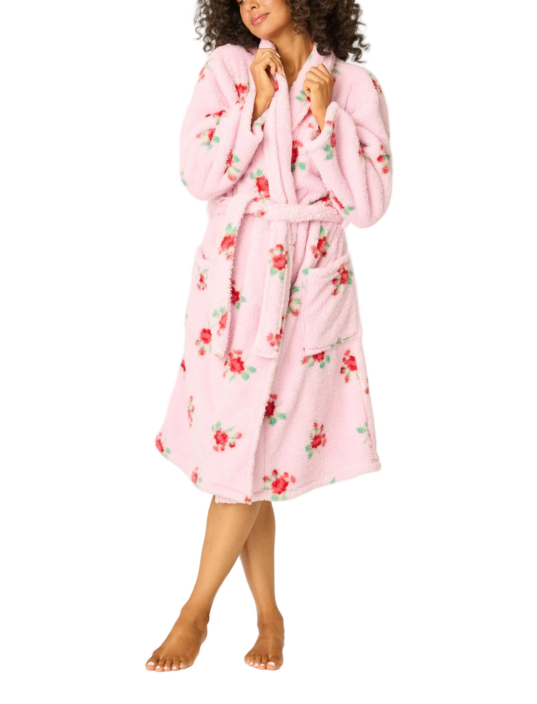 Brighten your downtime with this soft fleece robe, dappled in rosy florals on a pink ground. Finished with a shawl collar, roomy patch pockets, and a self-tie waist, it’s equal parts cozy and charming—your go-to for coffee refills, movie marathons, and winding down in style.