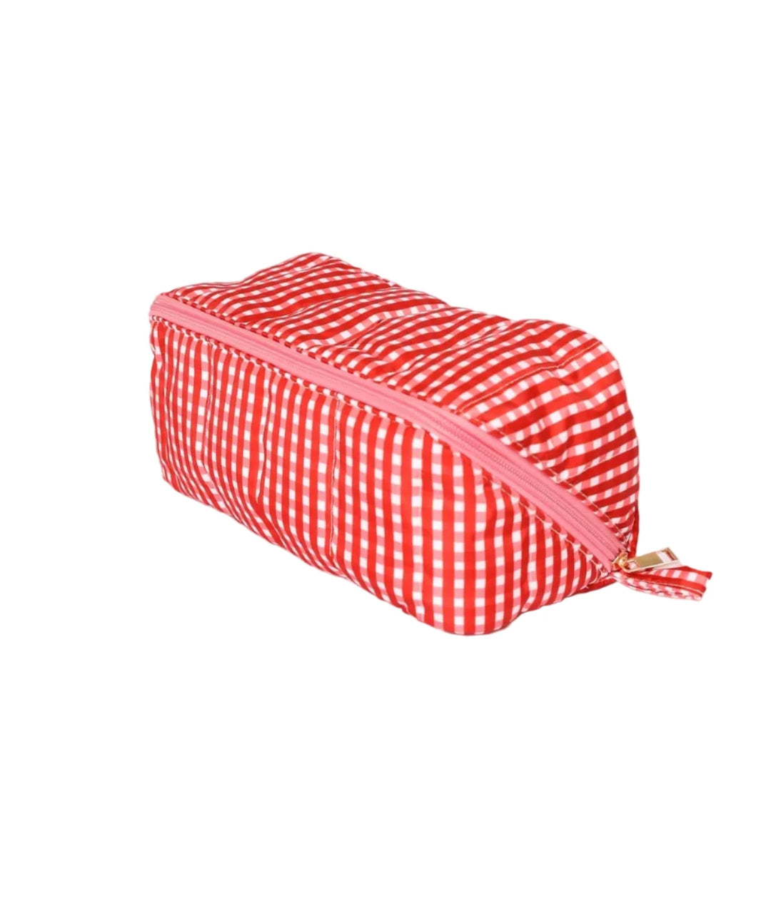 Red and white checkered pouch with a pink zipper on a light gray background