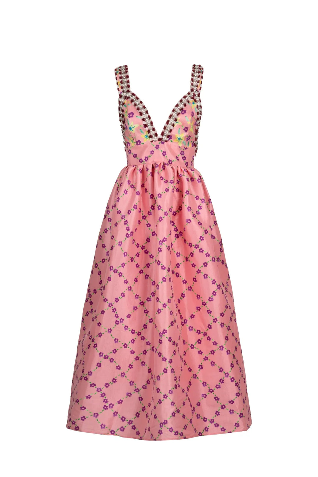 The Rozana Dress is a romantic showstopper in soft pink with intricate floral embroidery. Featuring a flattering empire waist, a bold deep V-neckline with checkered trim, and a voluminous A-line skirt, this dress effortlessly blends charm and elegance. Perfect for weddings, garden parties, or summer soirées, Rozana is designed to stand out while offering comfort and grace. A celebration of color, femininity, and craftsmanship.

