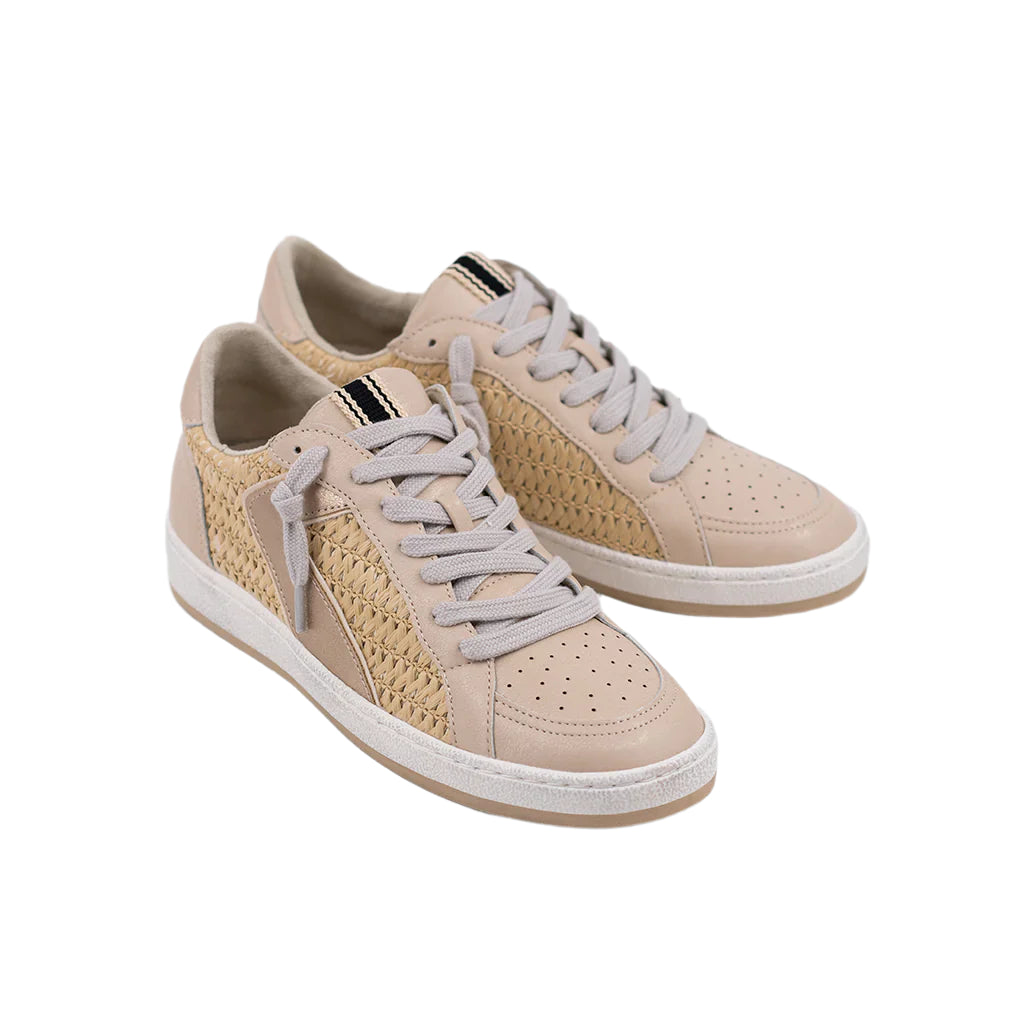 Discover SALMA in natural woven material, an elegant fusion of style and craftsmanship. This sneaker features a woven raffia side panel and soft faux leather overlays in a warm beige shade, combining a natural aesthetic with contemporary design. The textured rubber sole offers durability and grip, while the cushioned interior ensures comfort throughout the day. It's perfect for those who value both refined style and everyday practicality.
