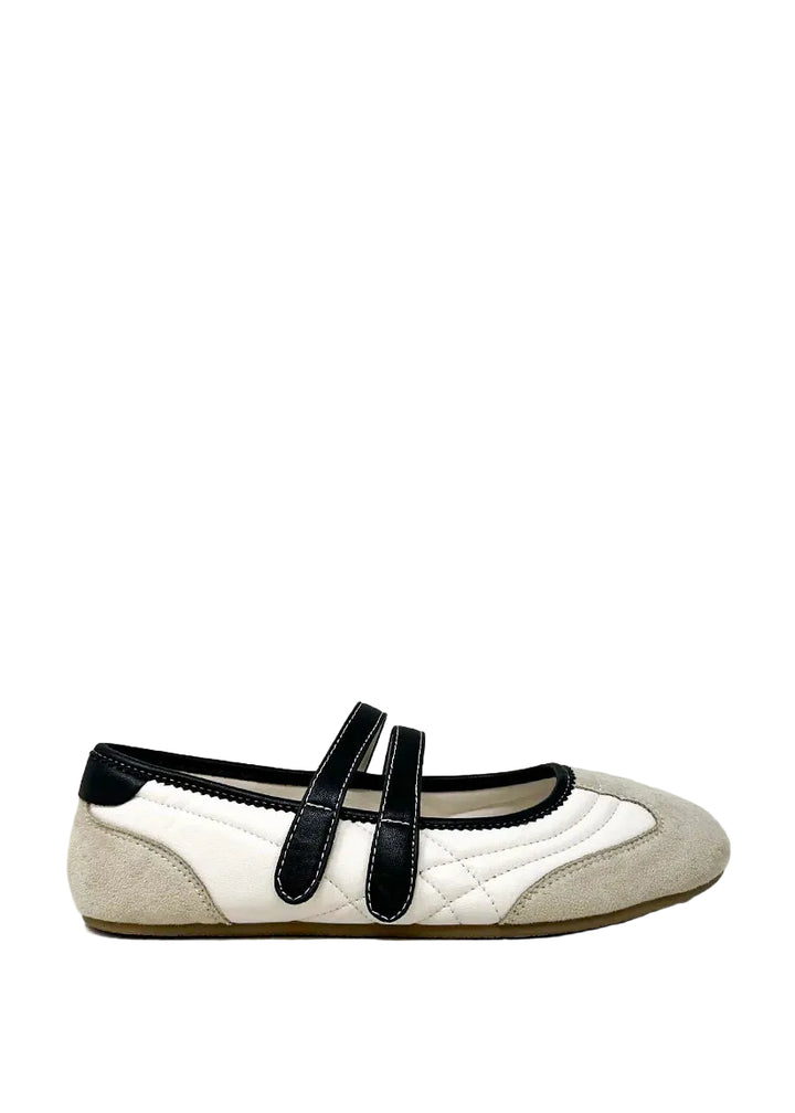 Sweet, retro, and completely wearable. SALOME in Bone is your go-to for a polished yet playful look. This dual-strap Mary Jane flat combines off-white, black, and neutral suede tones for a graphic, editorial twist on a timeless silhouette. Whether you&