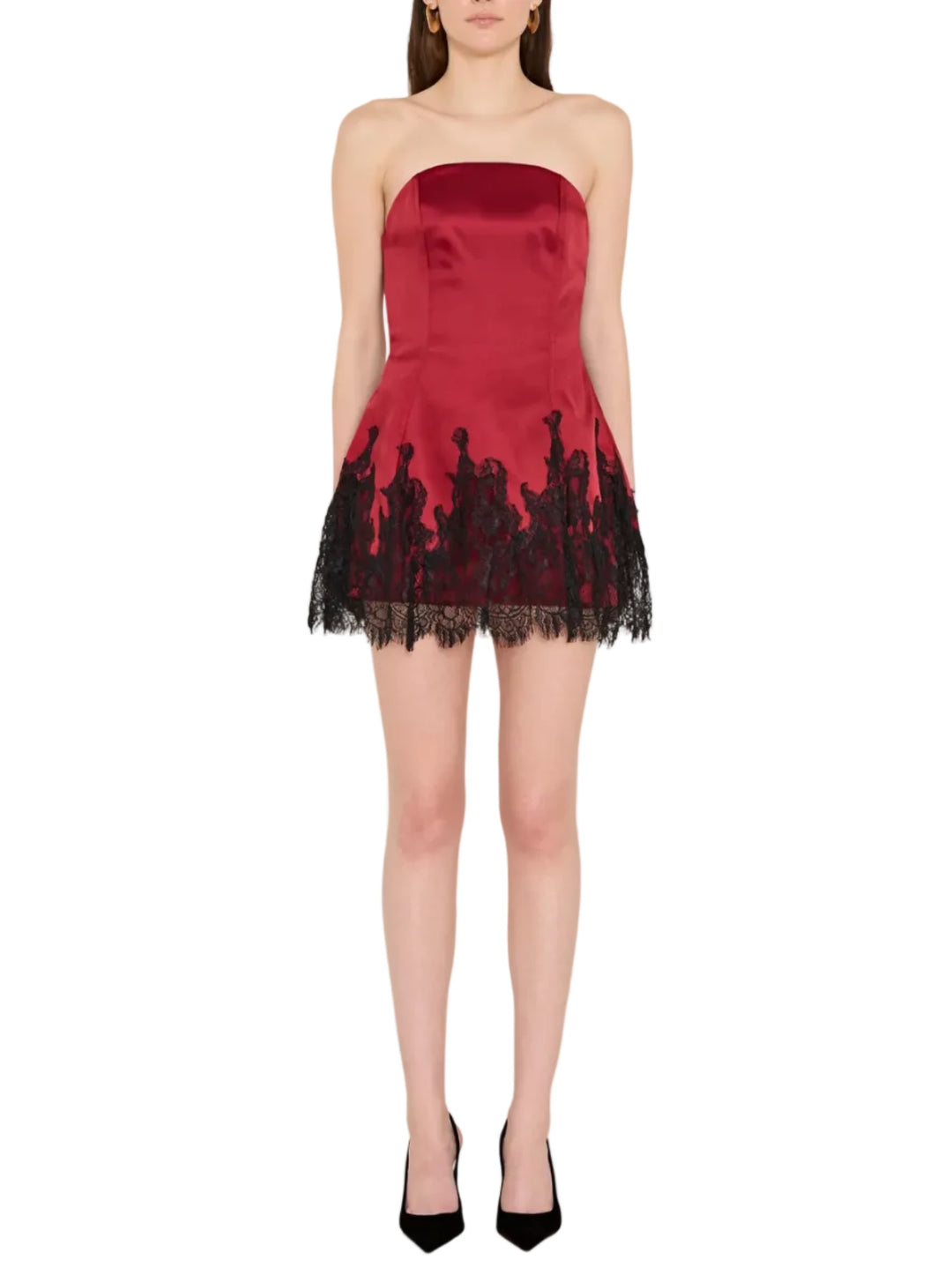 A model wearing a strapless red satin mini dress with a black lace hem, paired with black high heels, against a light gray background.