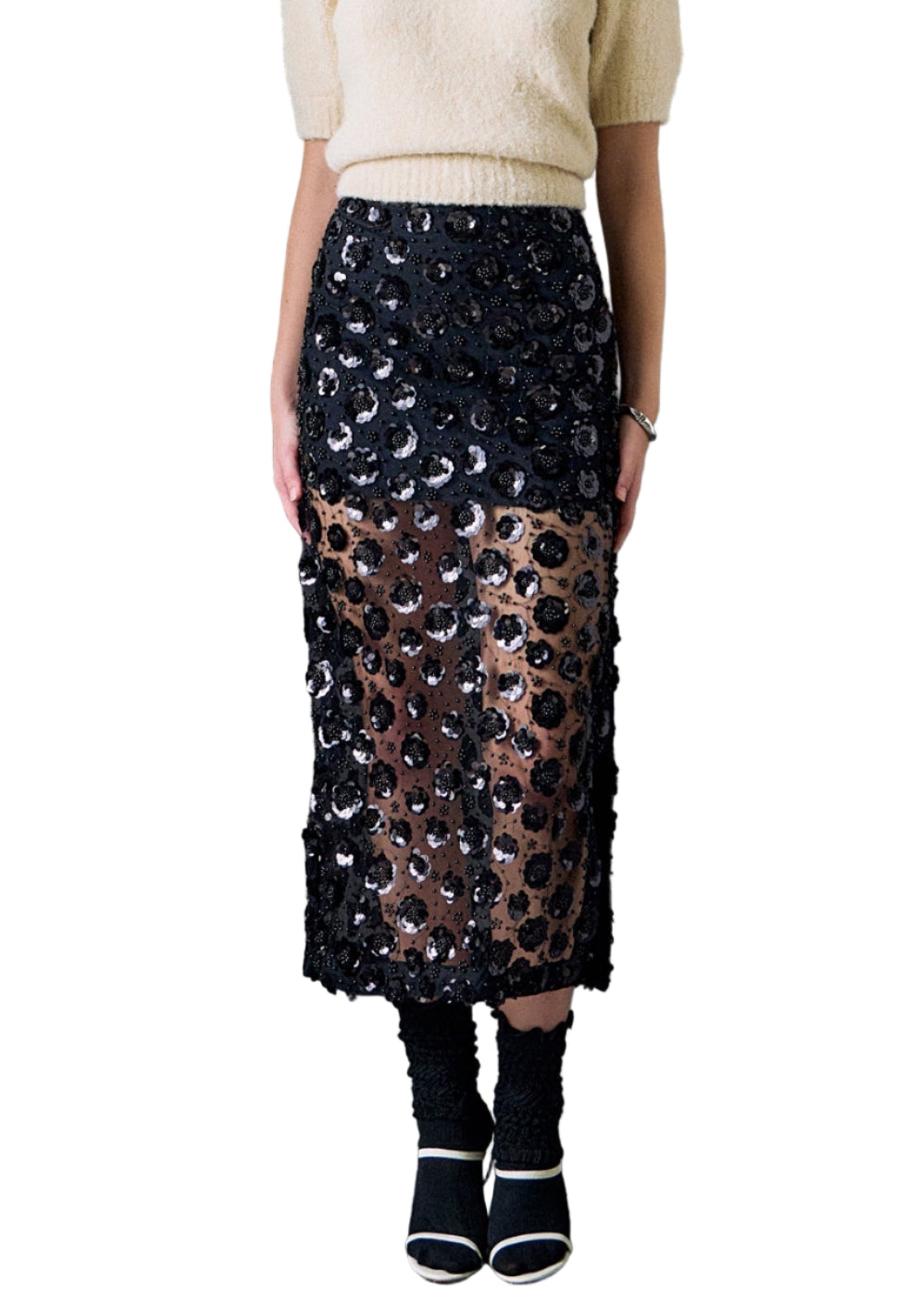 Flower Sequin Sheer Midi Skirt

