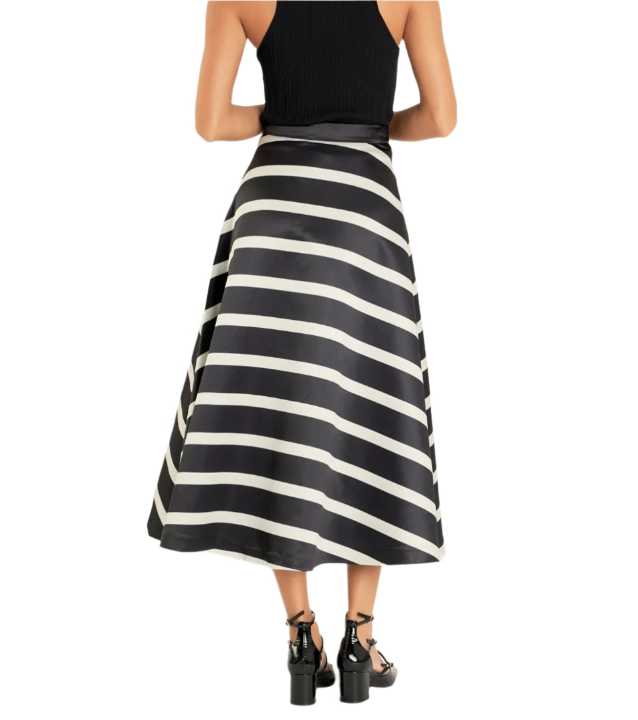 This midi skirt boasts a classic stripe pattern that never goes out of style. The midi length offers a flattering silhouette while the side zipper provides a seamless fit. The added lining ensures comfort and coverage.&nbsp;