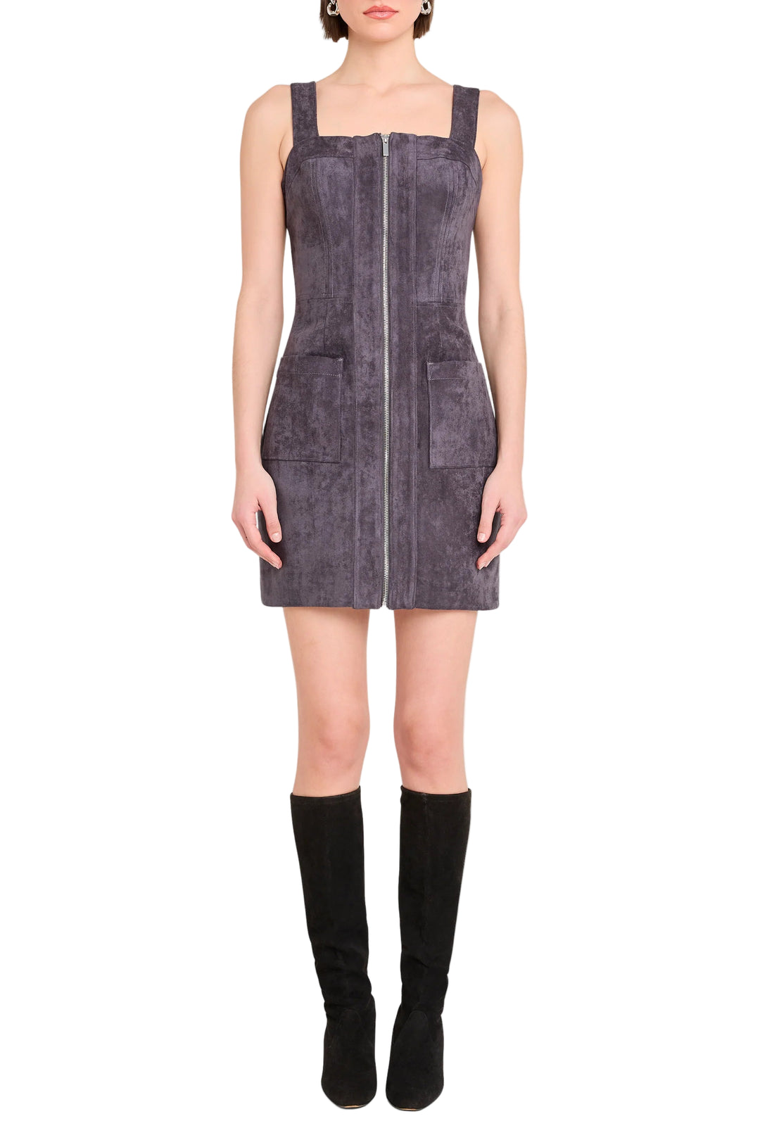 Show up strong in the Becker Dress. Crafted from suede with wide straps and a zipper all the way up the front, it’s got structure with a hint of attitude. Pair with black boots and layer on the Becker Jacket to complete the set.