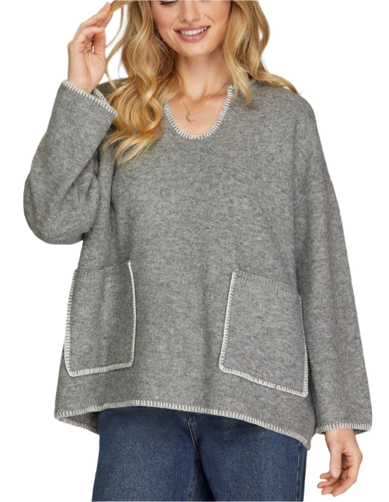 Long Sleeve V Neck Sweater with Contrast Top Stitching