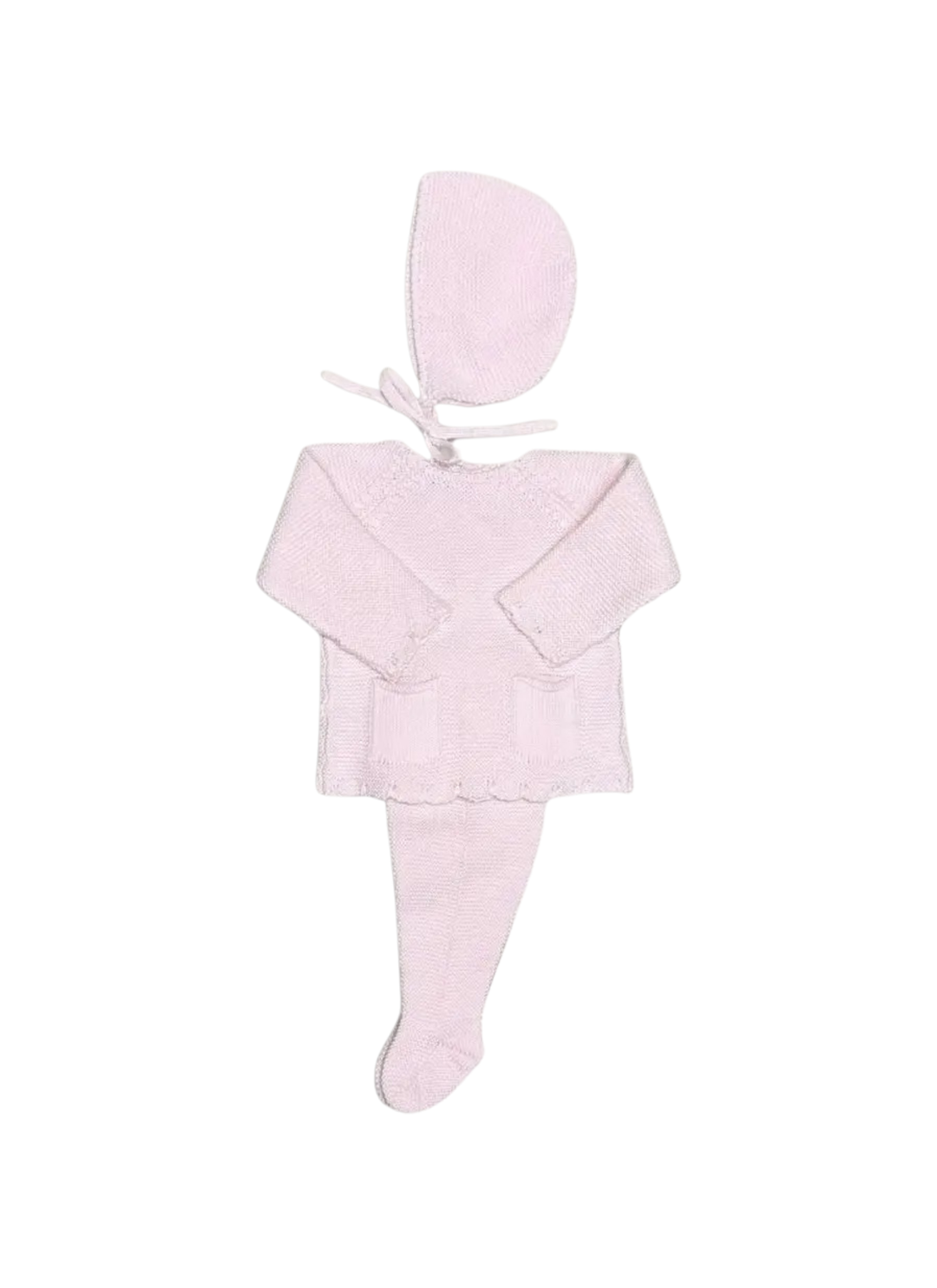 A light pink baby outfit set consisting of a long-sleeve tunic with scalloped edges, matching leg warmers, and a bonnet, displayed on a plain white background.