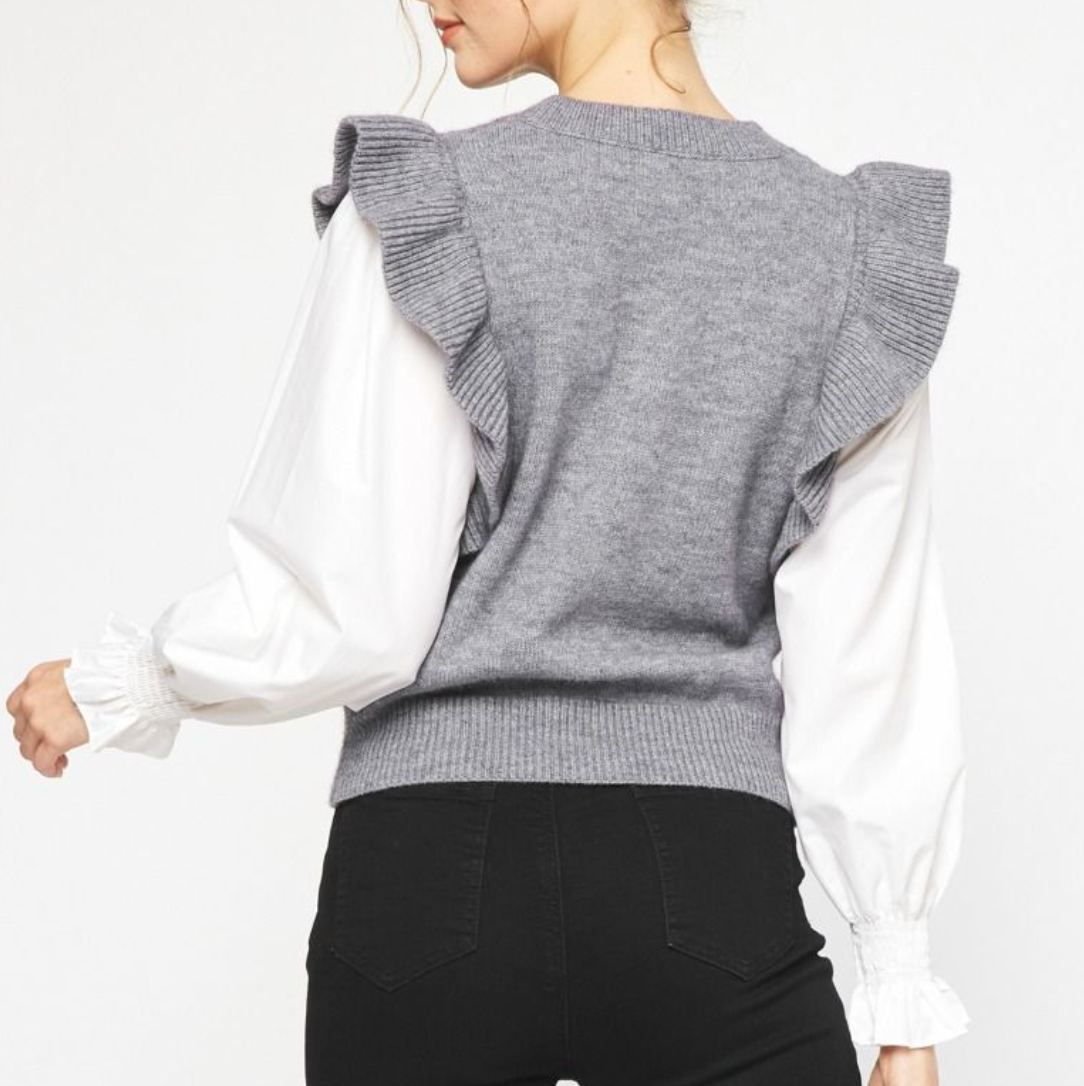 Madeline Grey Ruffle Sweater Vest Top