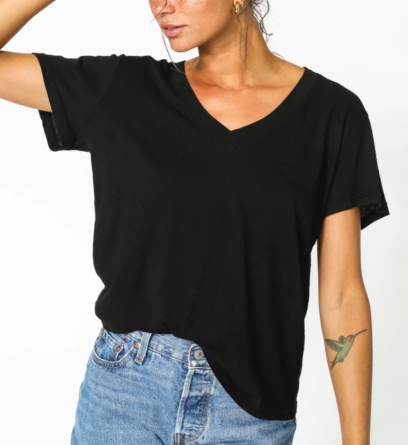 Hendrix Black Cotton Boxy V Neck Tee