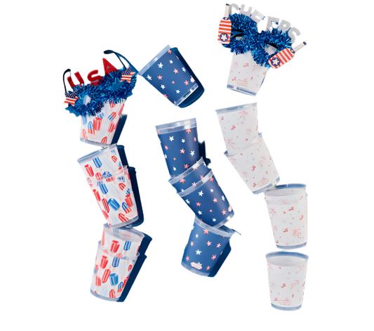 Add some patriotic flair to your 4th of July party with this set of cups and glasses. Perfect for serving your favorite drinks and adding to the festive atmosphere! Cheers to independence!