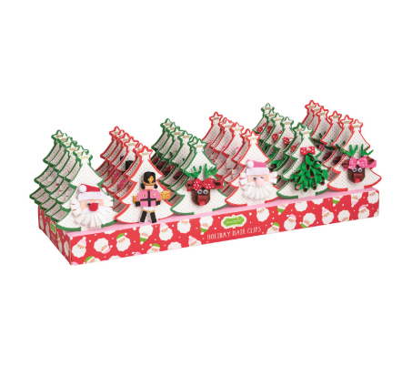 Set of Christmas-themed hair clips in a decorative box on a white background