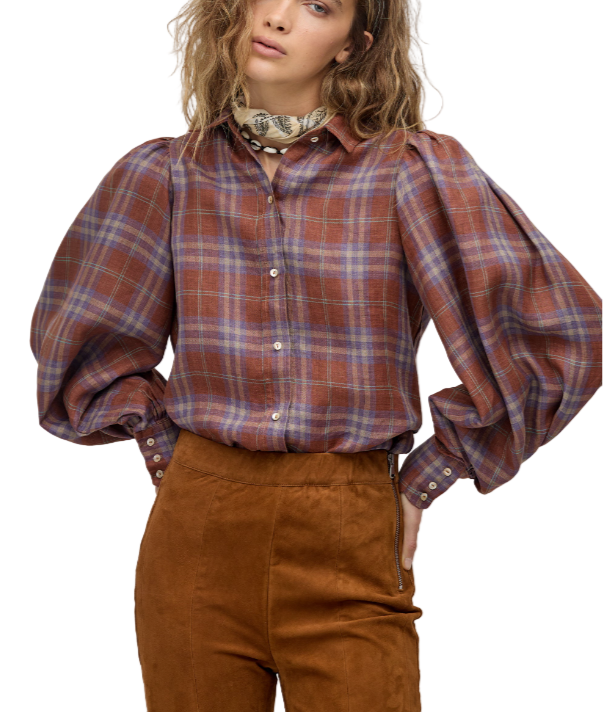 Camille Linen Shirt in Hazelnut Checks