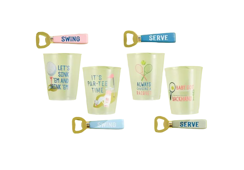 Set of 10 glasses with tennis-themed designs and bottle openers on a green background