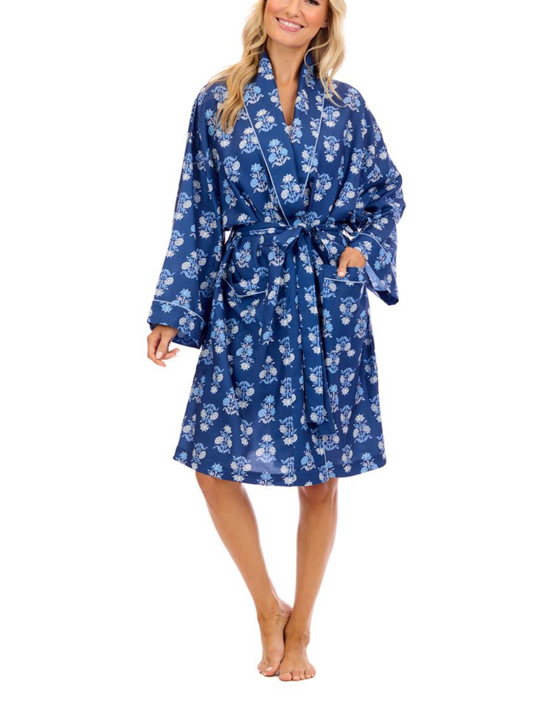 Navy Floral Block Print Robe - Pickering Boxwood