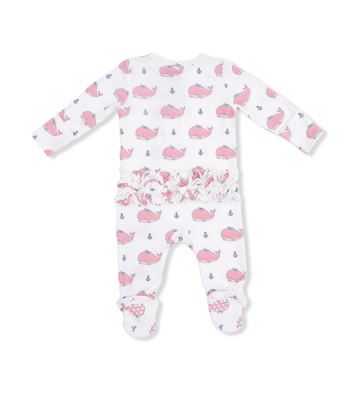 Pink Bubbly Whale 2 Way Ruffle Back Zipper Footie