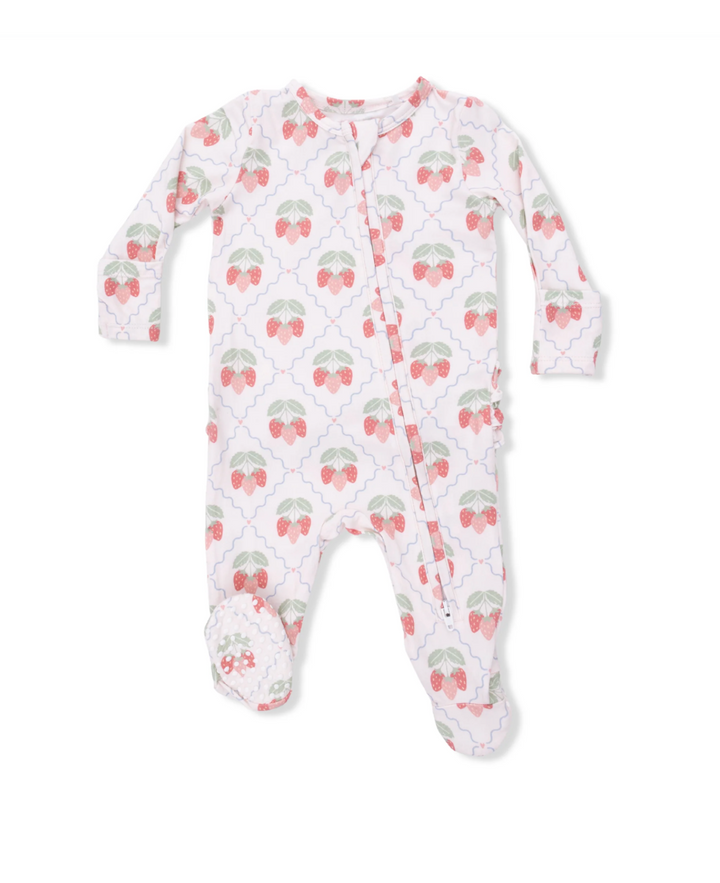 Sweet Strawberries 2 Way Ruffle Back Zipper Footie - Pickering Boxwood