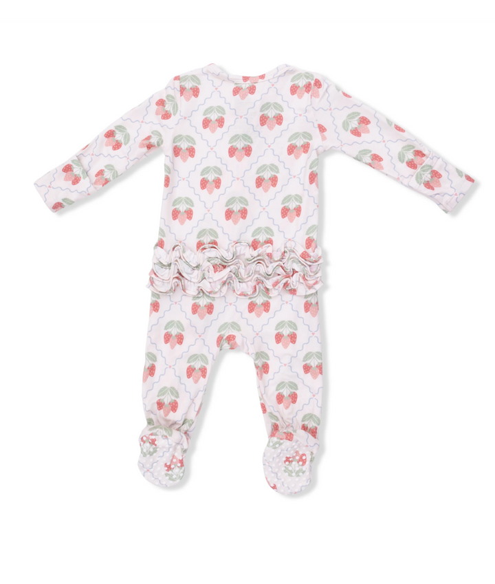 Sweet Strawberries 2 Way Ruffle Back Zipper Footie - Pickering Boxwood
