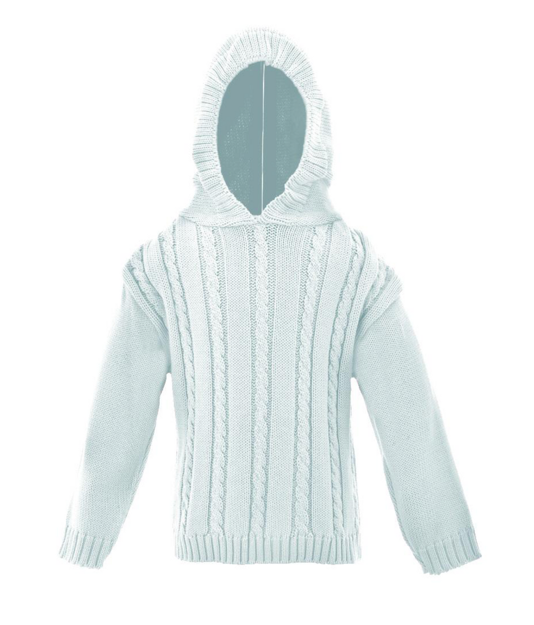 A light blue cable-knit hooded sweater displayed on a ghost mannequin against a plain white background.