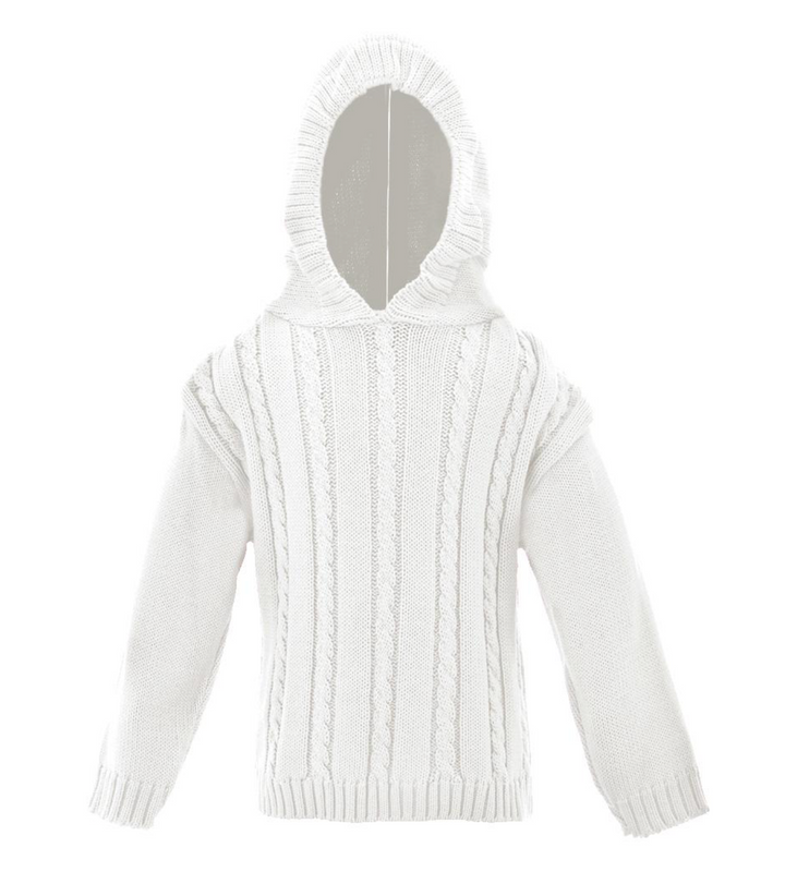 A white cable-knit hooded sweater displayed on a ghost mannequin against a plain white background.
