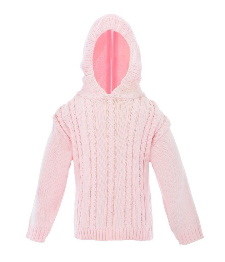 A light pink cable-knit hooded sweater with a ribbed hem and cuffs, shown against a plain white background.