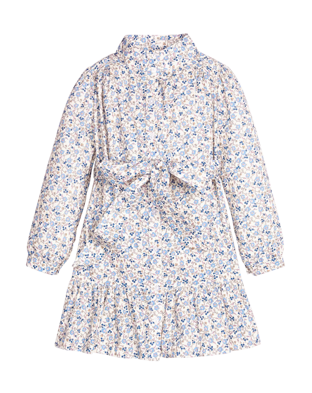 A long-sleeve belted dress with a small blue and yellow floral print on a white background, shown from the back.