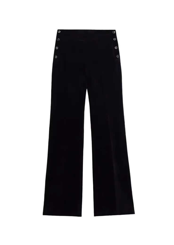 Black wide-leg trousers with decorative silver-tone eyelet details on the front of the waistband, shown flat against a light gray background.