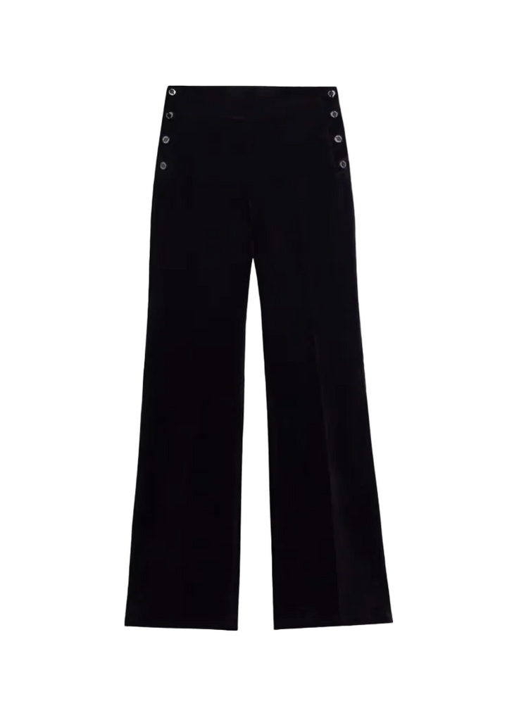 Black wide-leg trousers with decorative silver-tone eyelet details on the front of the waistband, shown flat against a light gray background.
