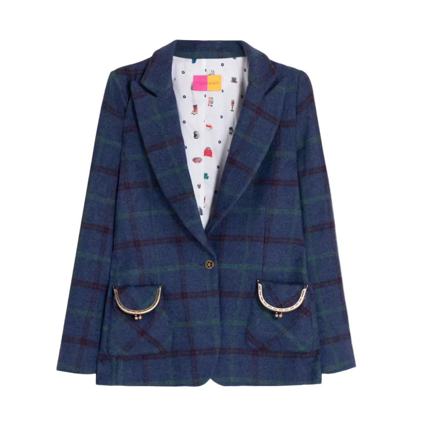 A navy blue plaid blazer with green and red lines, featuring a white patterned lining, gold-tone button, and decorative gold pocket flaps, shown against a plain white background.