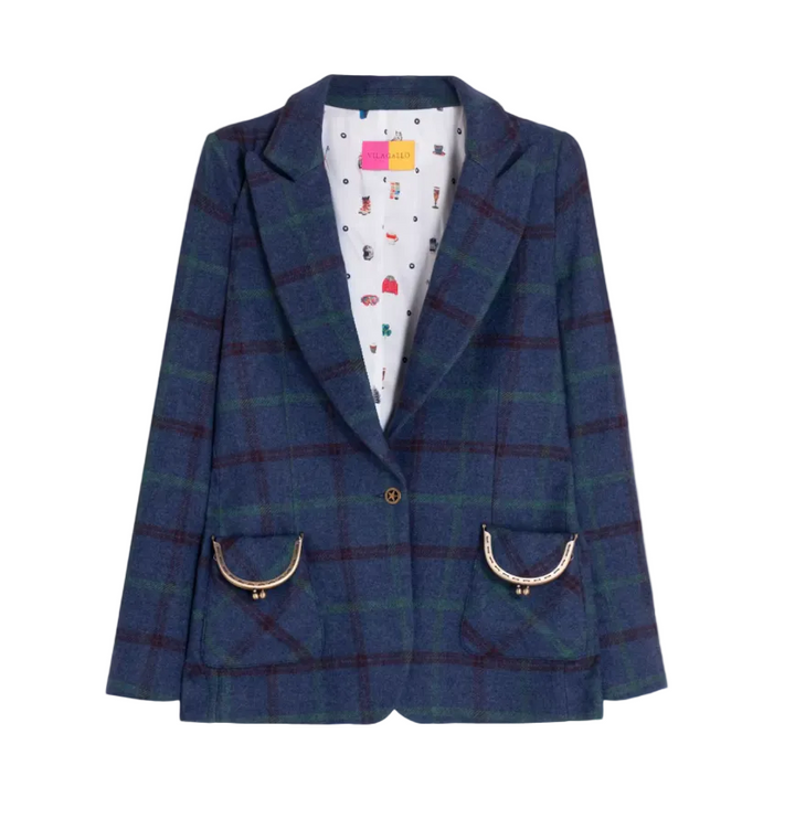 A navy blue plaid blazer with green and red lines, featuring a white patterned lining, gold-tone button, and decorative gold pocket flaps, shown against a plain white background.