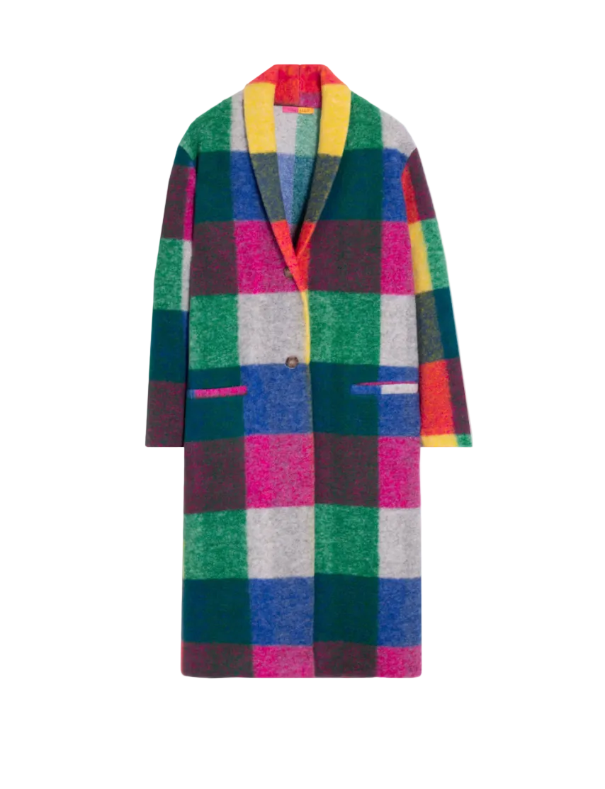 A colorful patchwork wool coat with a shawl collar, featuring large blocks of green, pink, blue, yellow, and gray, displayed on a light gray background.