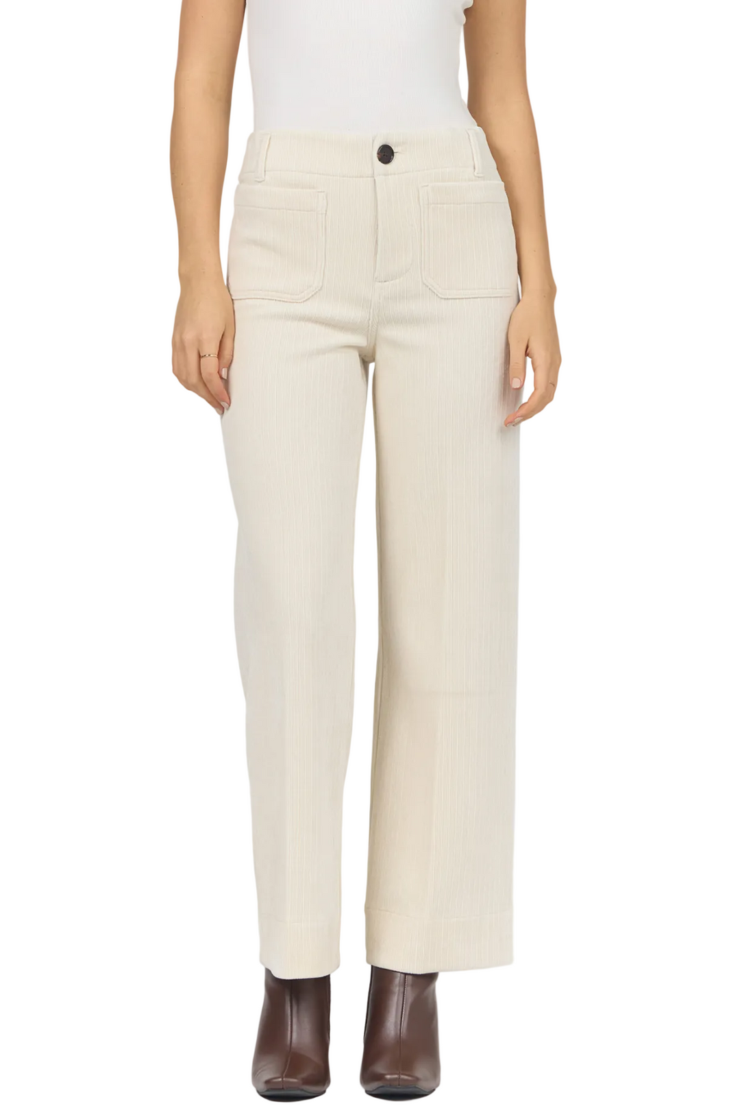 A model is shown from the waist down wearing a pair of off-white cropped wide-leg pants with front patch pockets and brown ankle boots, set against a plain light gray studio background.