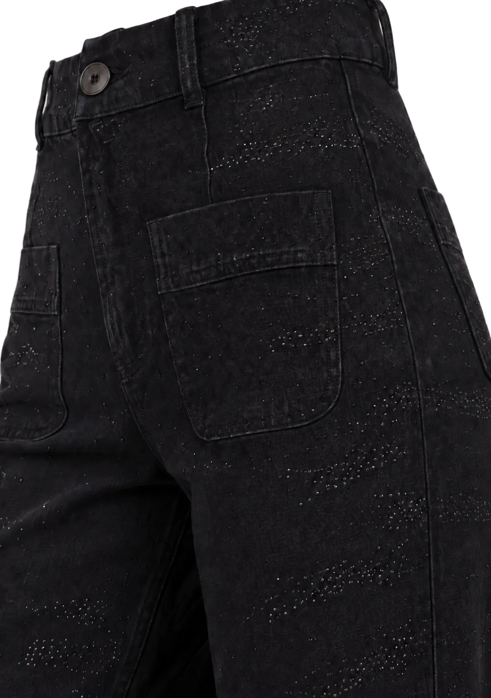 Close-up of black denim jeans with a subtle speckled texture, showing the back pocket and waistband details.