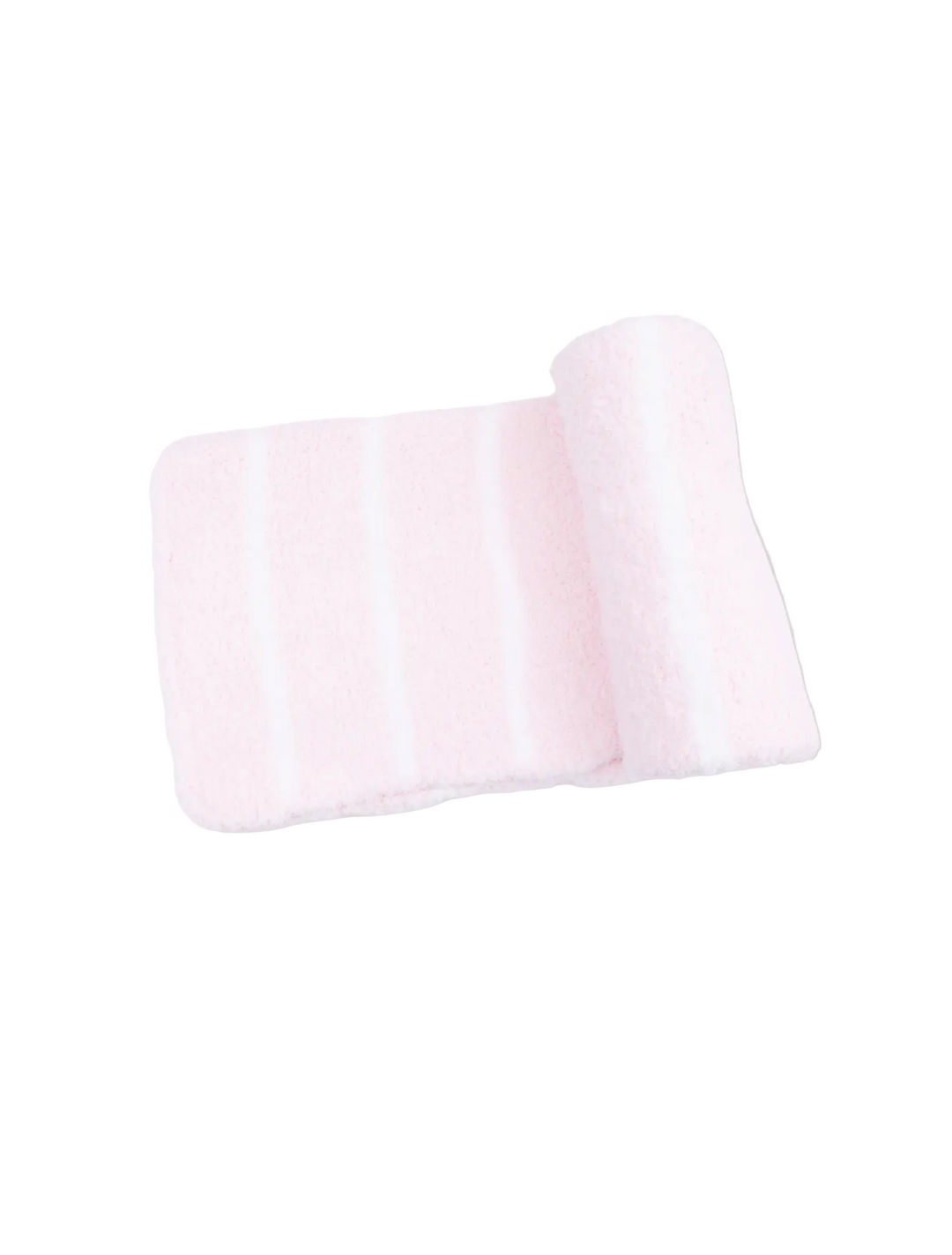 A light pink plush bath mat with white vertical stripes, partially rolled at the top edge, shown on a white background with a website header visible at the top.