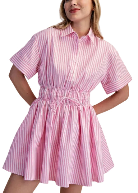 Slip into effortless style with the Sophie Mini Dress in Pink. This playful piece features a flattering collar neckline and a fitted waist with gentle elastic for all-day comfort. The mini length keeps things fun and flirty, perfect for casual outings or weekend adventures. Whether you're dressing it up with heels or keeping it relaxed with sneakers, this versatile dress is your go-to for looking put-together without the fuss.