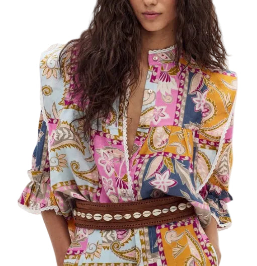 Folk Linen Shirt in Calypso Print - Pickering Boxwood