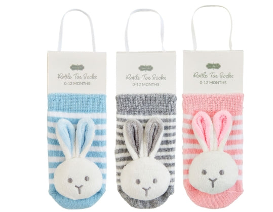 Cotton hosiery socks with plush minky rattle toe bunnies.