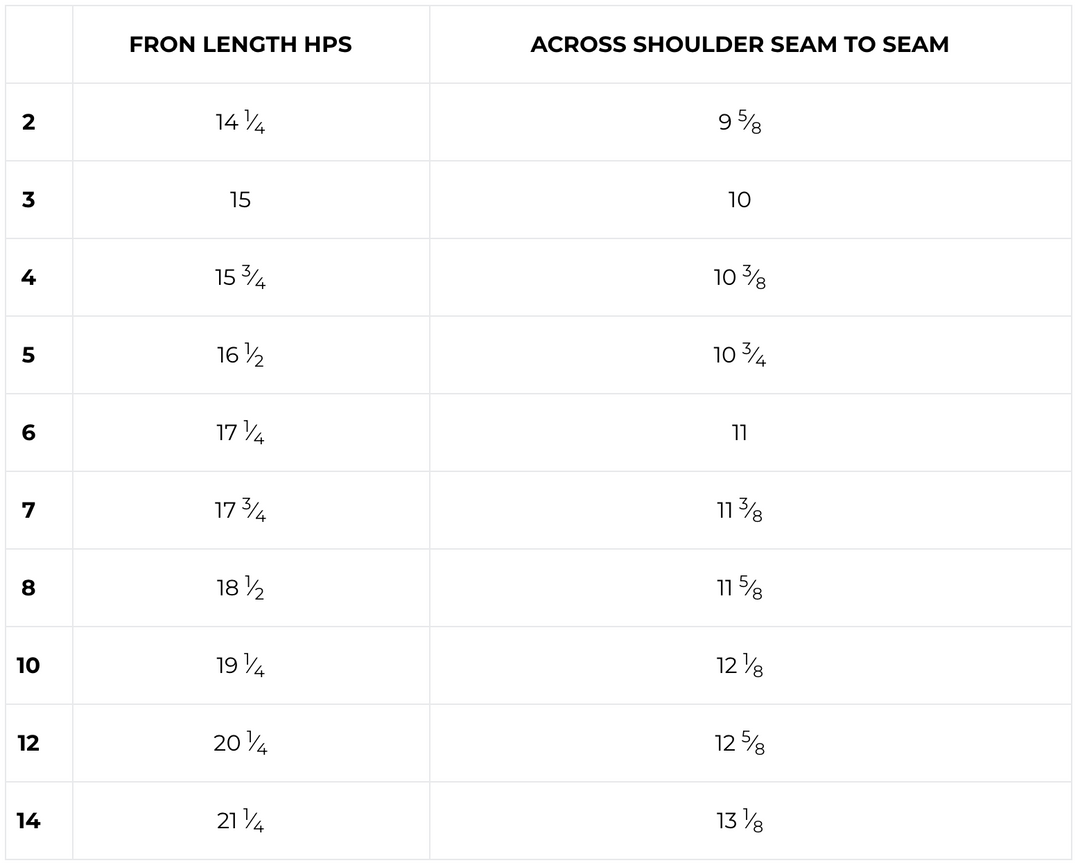 A size measurement chart with a table showing front length and HPS measurements across shoulder seam to seam for sizes 2 through 14.