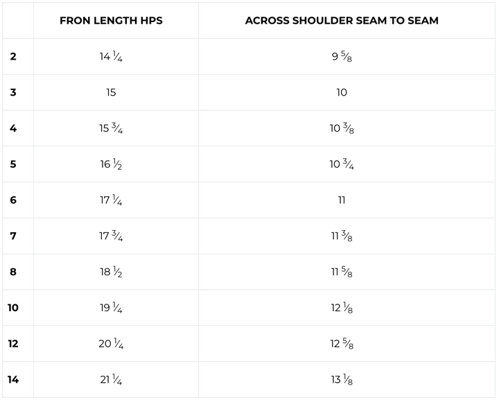 A size measurement chart with a table showing front length and HPS measurements across shoulder seam to seam for sizes 2 through 14.