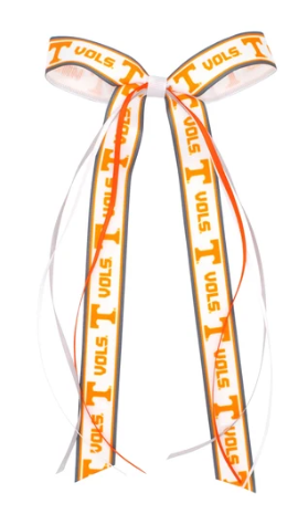 A decorative ribbon bow with long tails, printed with the Texas Longhorns &