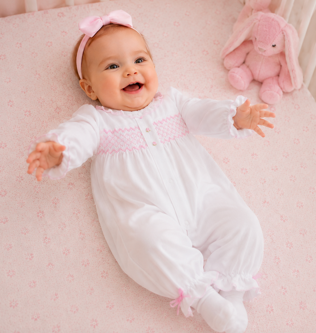 White Smocked Baby Girl Pima Cotton Converter w/ Ruffles