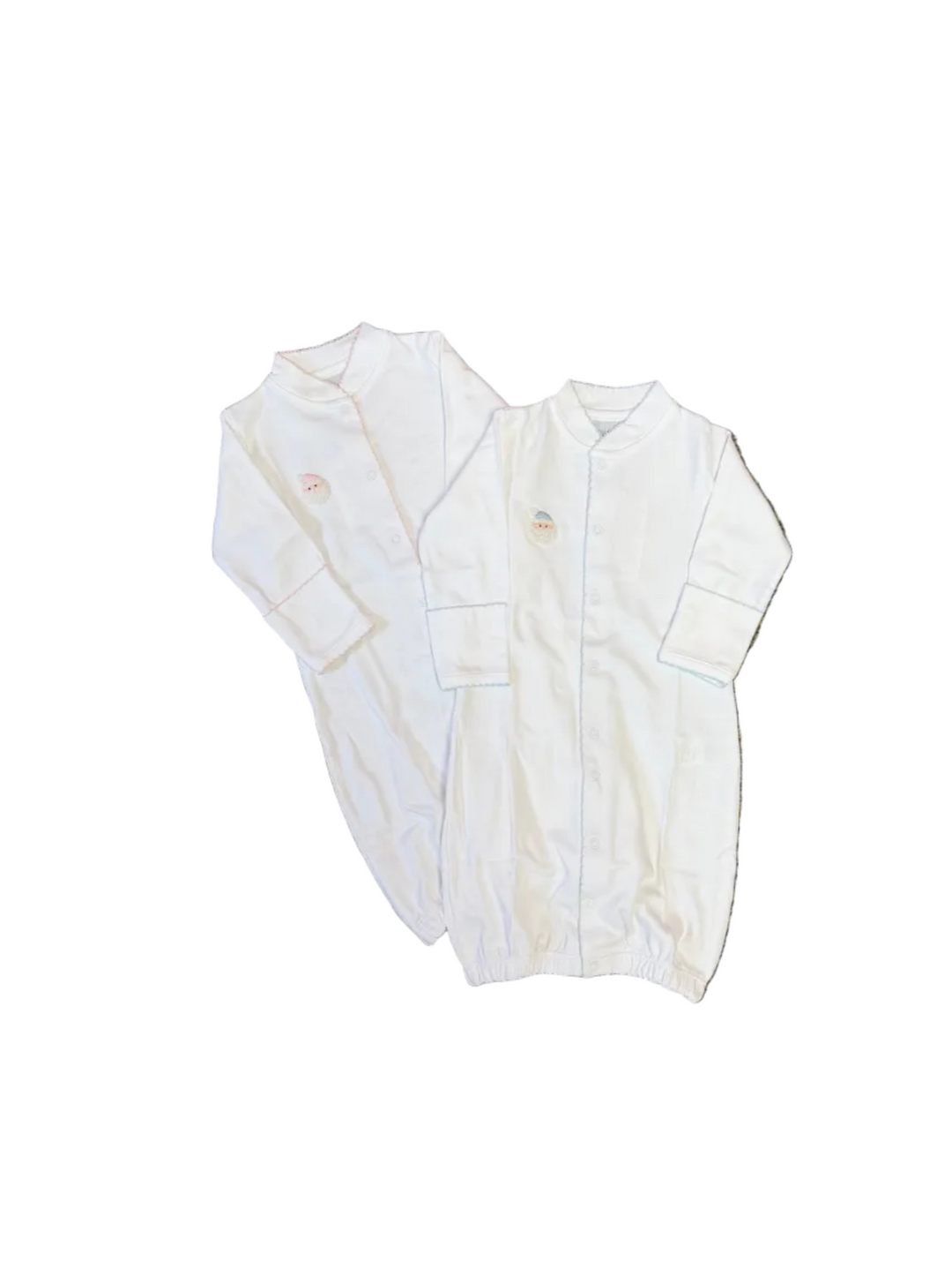 two white converter gowns with santa motif